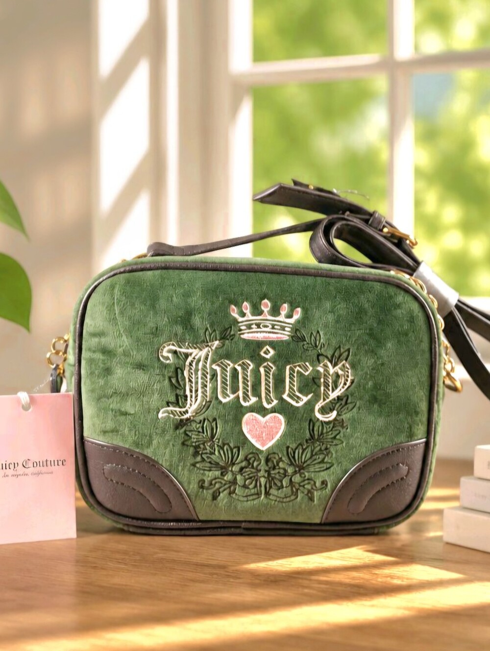 Juicy Couture Heritage Dome Satchel, Velour Hunter Green with Faux Leather NWT